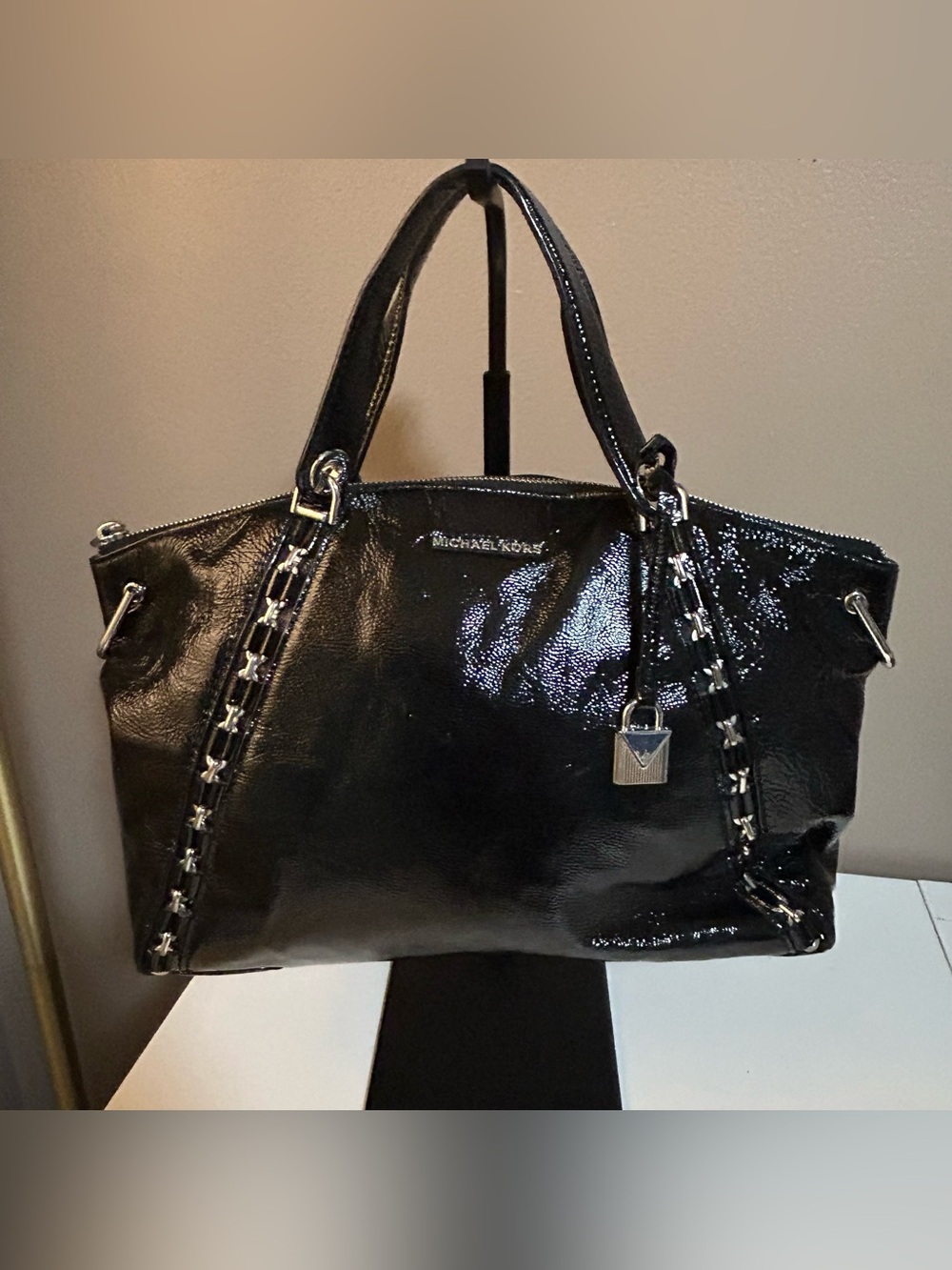 Michael Kors Sadie MK Black Patent Leather Satchel Bag No Long Strap